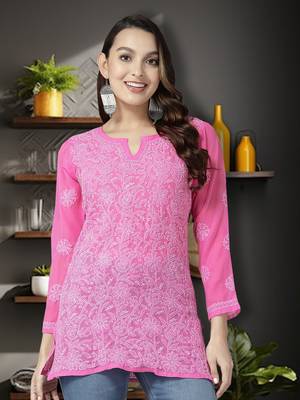 Hand Embroidered Dark Pink Georgette Lucknowi Chikankari Indian Women Short Kurti 7