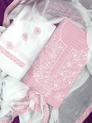 Ada Hand Embroidered White And Pink Cotton Lucknowi Chikankari Indian Women Unstitched Suit Piece - A211240 2