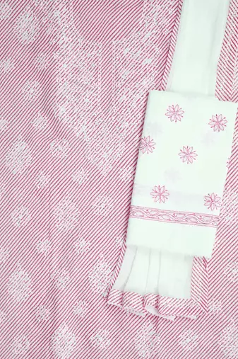 Ada Hand Embroidered White And Pink Cotton Lucknowi Chikankari Indian Women Unstitched Suit Piece - A211240