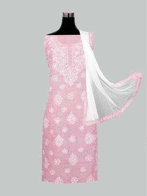 Ada Hand Embroidered White And Pink Cotton Lucknowi Chikankari Indian Women Unstitched Suit Piece - A211240 5