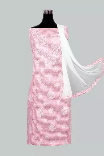 Ada Hand Embroidered White And Pink Cotton Lucknowi Chikankari Indian Women Unstitched Suit Piece - A211240