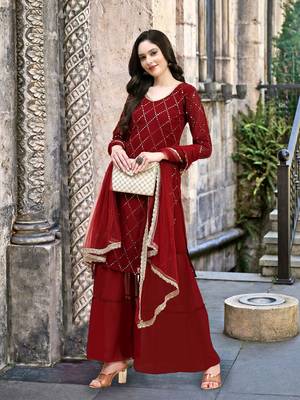 Trendmalls  Maroon Georgette Sequence Embroidery Party Wear Kurta Pant with Dupatta Salwar Suit Set 1
