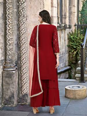 Trendmalls  Maroon Georgette Sequence Embroidery Party Wear Kurta Pant with Dupatta Salwar Suit Set 2