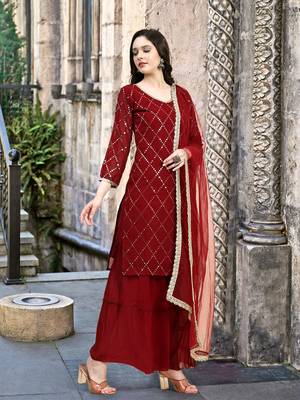 Trendmalls  Maroon Georgette Sequence Embroidery Party Wear Kurta Pant with Dupatta Salwar Suit Set 3