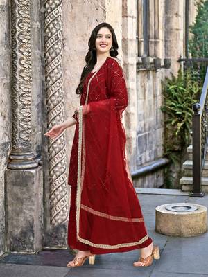 Trendmalls  Maroon Georgette Sequence Embroidery Party Wear Kurta Pant with Dupatta Salwar Suit Set 4