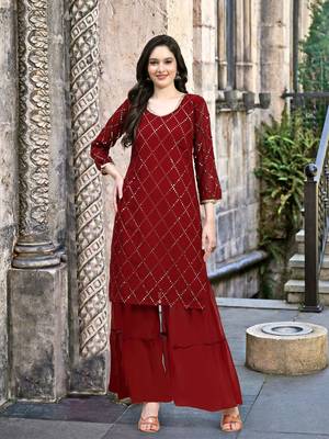 Trendmalls  Maroon Georgette Sequence Embroidery Party Wear Kurta Pant with Dupatta Salwar Suit Set 5