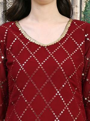 Trendmalls  Maroon Georgette Sequence Embroidery Party Wear Kurta Pant with Dupatta Salwar Suit Set 6