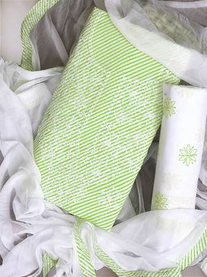 Ada Hand Embroidered Green And White Cotton Lucknowi Chikankari Indian Women Unstitched Suit Piece - A211241 1