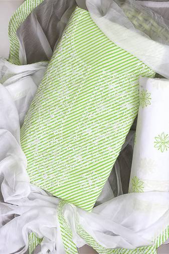 Ada Hand Embroidered Green And White Cotton Lucknowi Chikankari Indian Women Unstitched Suit Piece - A211241