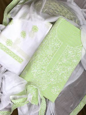 Ada Hand Embroidered Green And White Cotton Lucknowi Chikankari Indian Women Unstitched Suit Piece - A211241 2