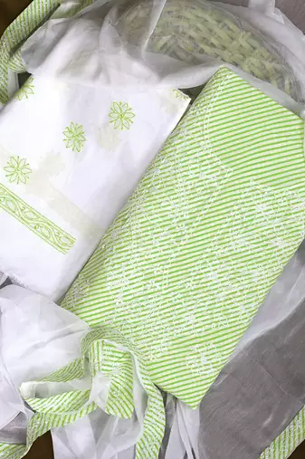 Ada Hand Embroidered Green And White Cotton Lucknowi Chikankari Indian Women Unstitched Suit Piece - A211241