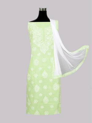 Ada Hand Embroidered Green And White Cotton Lucknowi Chikankari Indian Women Unstitched Suit Piece - A211241 3