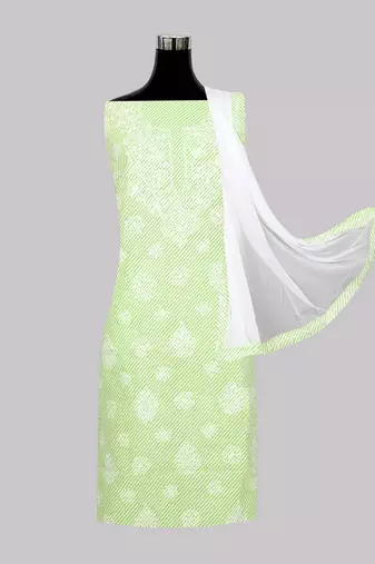 Ada Hand Embroidered Green And White Cotton Lucknowi Chikankari Indian Women Unstitched Suit Piece - A211241