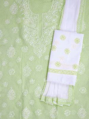 Ada Hand Embroidered Green And White Cotton Lucknowi Chikankari Indian Women Unstitched Suit Piece - A211241 4