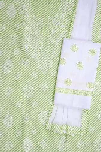 Ada Hand Embroidered Green And White Cotton Lucknowi Chikankari Indian Women Unstitched Suit Piece - A211241