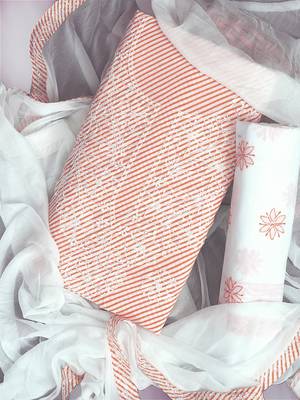 Ada Hand Embroidered White And Peach Cotton Lucknowi Chikankari Indian Women Unstitched Suit Piece - A211244 1