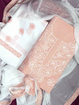 Ada Hand Embroidered White And Peach Cotton Lucknowi Chikankari Indian Women Unstitched Suit Piece - A211244 2