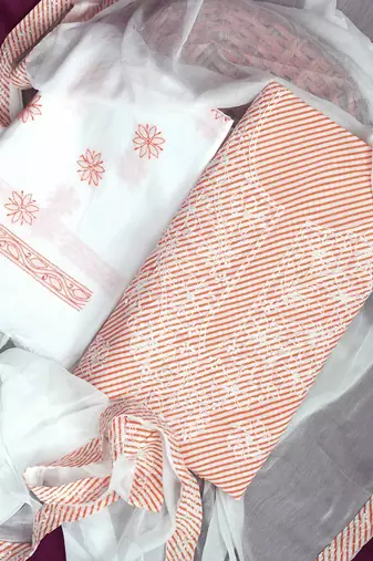 Ada Hand Embroidered White And Peach Cotton Lucknowi Chikankari Indian Women Unstitched Suit Piece - A211244