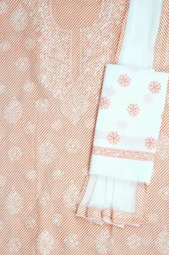 Ada Hand Embroidered White And Peach Cotton Lucknowi Chikankari Indian Women Unstitched Suit Piece - A211244