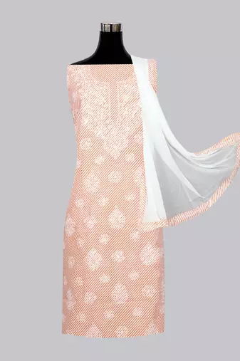 Ada Hand Embroidered White And Peach Cotton Lucknowi Chikankari Indian Women Unstitched Suit Piece - A211244