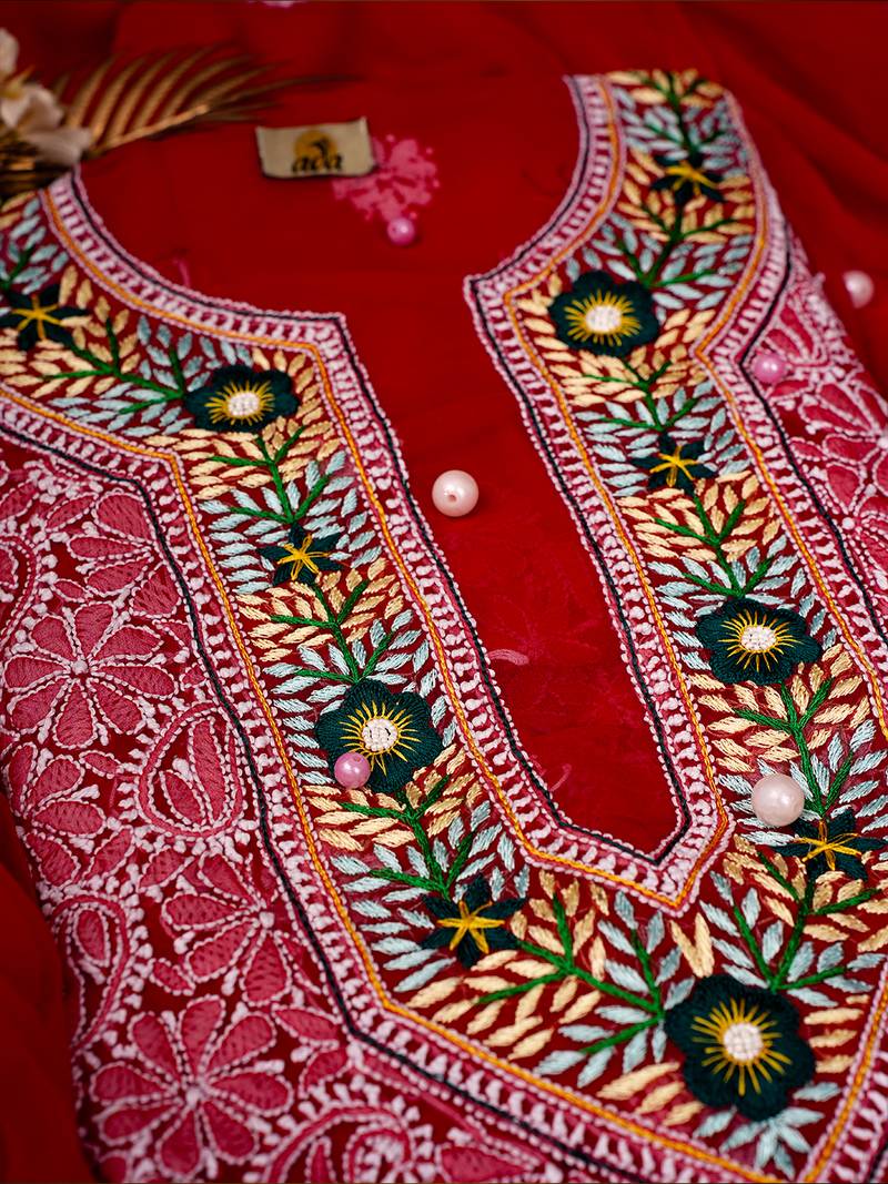 Hand Embroidered Red Georgette Lucknowi Chikankari Indian Women Unstitched Suit Piece With Parsi Work