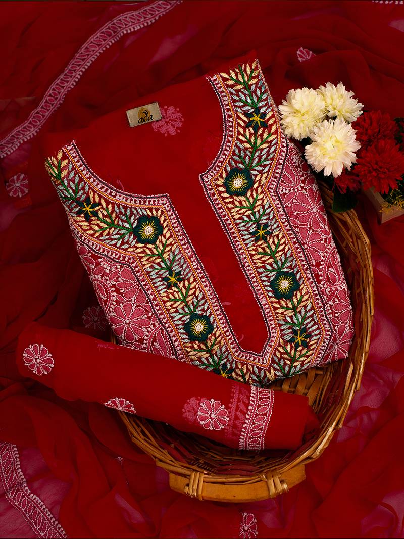 Hand Embroidered Red Georgette Lucknowi Chikankari Indian Women Unstitched Suit Piece With Parsi Work