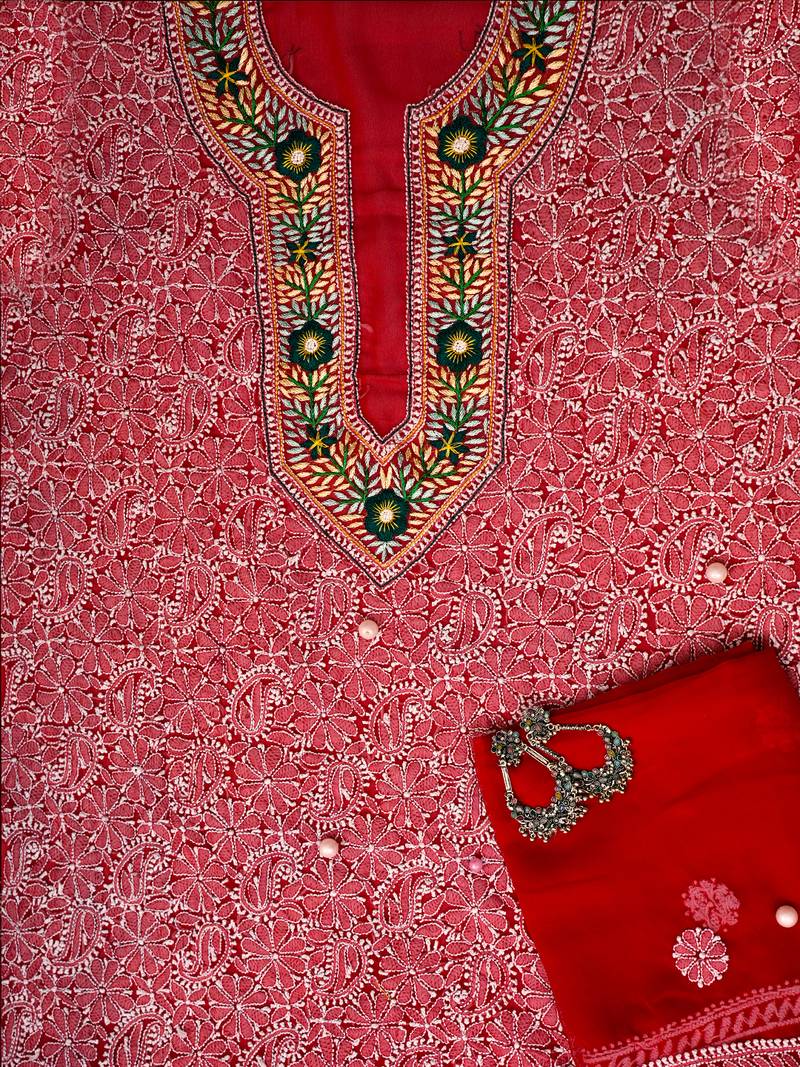 Hand Embroidered Red Georgette Lucknowi Chikankari Indian Women Unstitched Suit Piece With Parsi Work