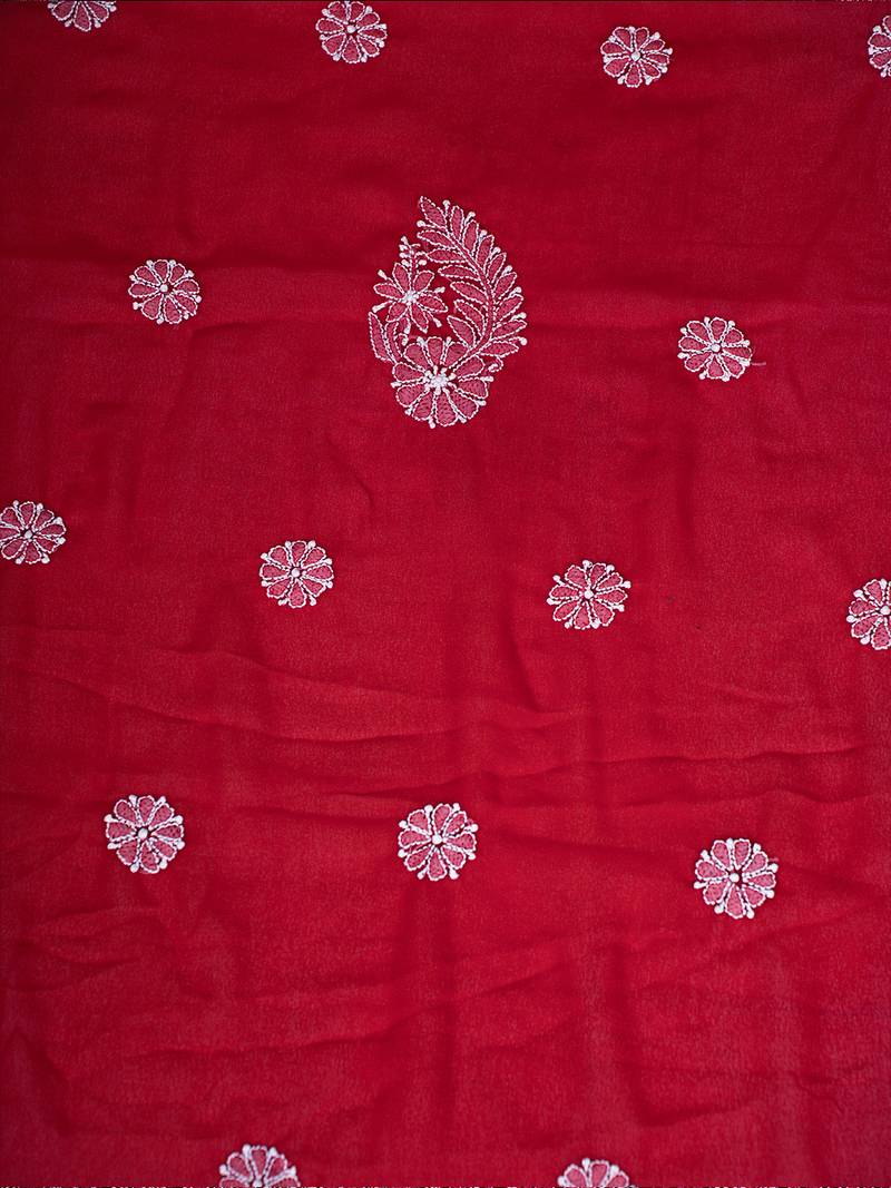 Hand Embroidered Red Georgette Lucknowi Chikankari Indian Women Unstitched Suit Piece With Parsi Work