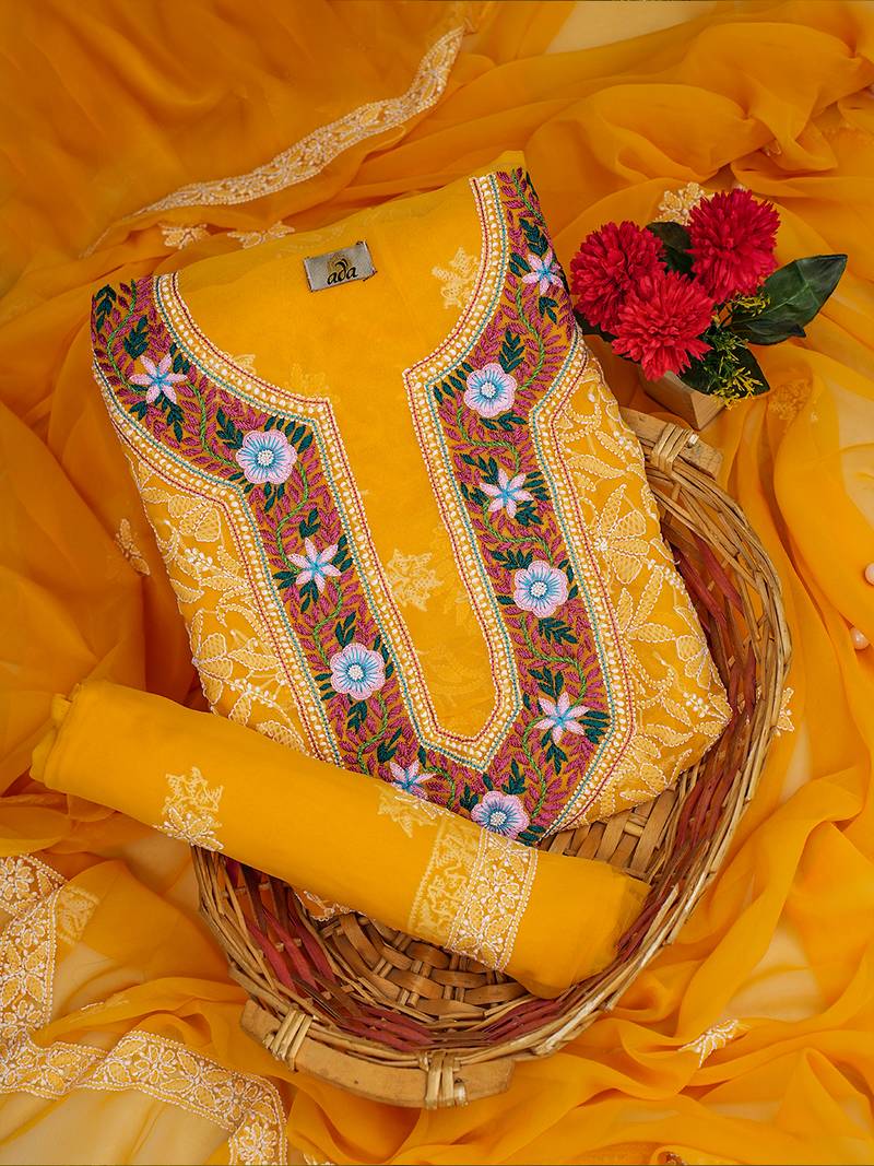 Hand Embroidered Mustard Georgette Lucknowi Chikankari Indian Women Unstitched Suit Piece With Parsi Work