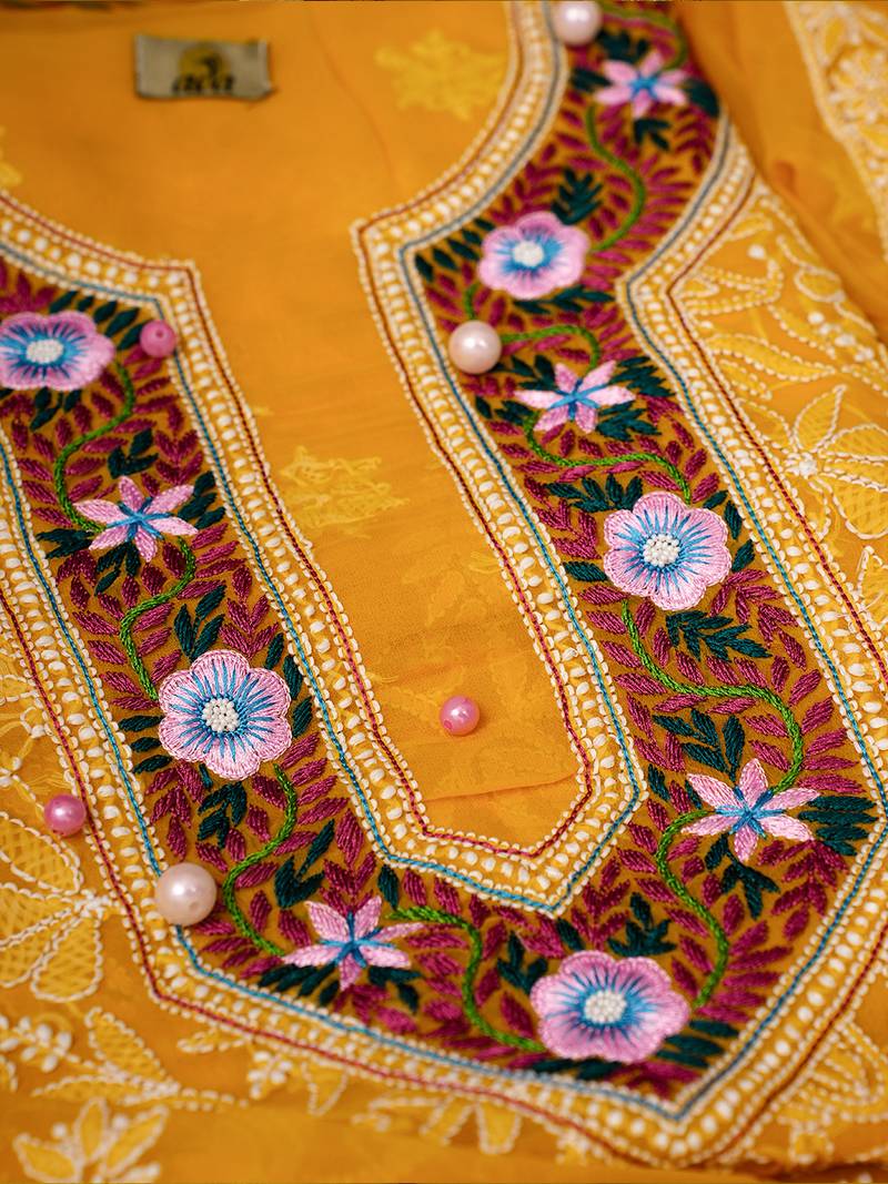 Hand Embroidered Mustard Georgette Lucknowi Chikankari Indian Women Unstitched Suit Piece With Parsi Work