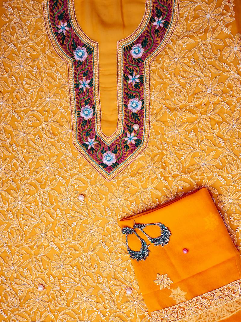 Hand Embroidered Mustard Georgette Lucknowi Chikankari Indian Women Unstitched Suit Piece With Parsi Work