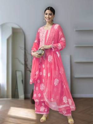 Hand Embroidered Dark Pink Georgette Lucknowi Chikankari Indian Women Unstitched Suit Piece 1