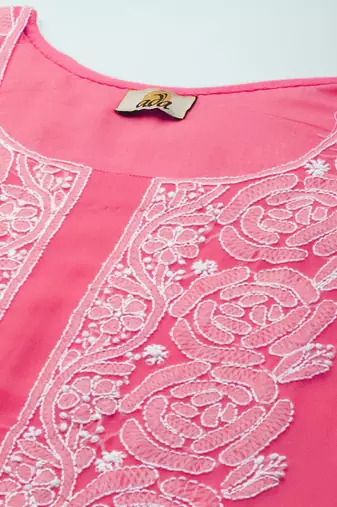 Hand Embroidered Dark Pink Georgette Lucknowi Chikankari Indian Women Unstitched Suit Piece