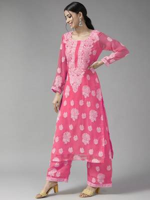 Hand Embroidered Dark Pink Georgette Lucknowi Chikankari Indian Women Unstitched Suit Piece 3