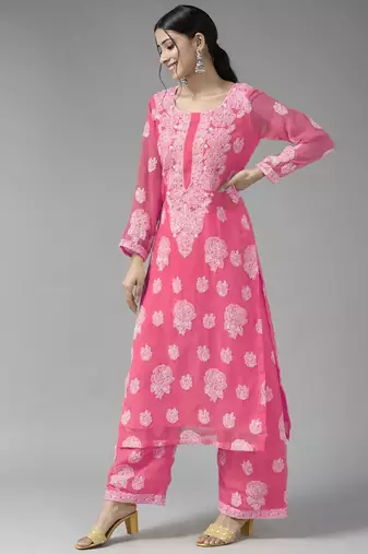 Hand Embroidered Dark Pink Georgette Lucknowi Chikankari Indian Women Unstitched Suit Piece