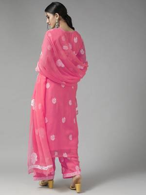 Hand Embroidered Dark Pink Georgette Lucknowi Chikankari Indian Women Unstitched Suit Piece 4