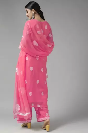 Hand Embroidered Dark Pink Georgette Lucknowi Chikankari Indian Women Unstitched Suit Piece