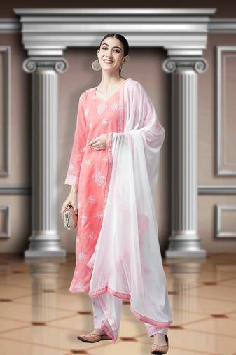 Ada Hand Embroidered Carrot Pink Cotton Lucknowi Chikankari Indian Women Unstitched Suit Piece - A211283