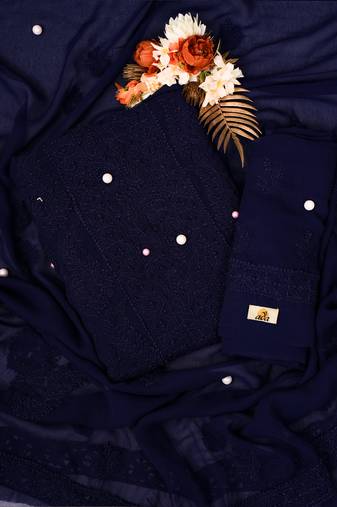 Hand Embroidered Navy Blue Georgette Lucknowi Chikankari Indian Women Unstitched Suit Piece
