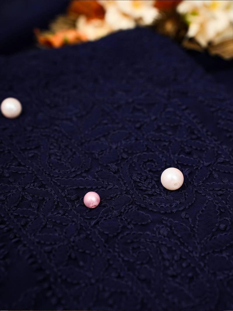 Hand Embroidered Navy Blue Georgette Lucknowi Chikankari Indian Women Unstitched Suit Piece