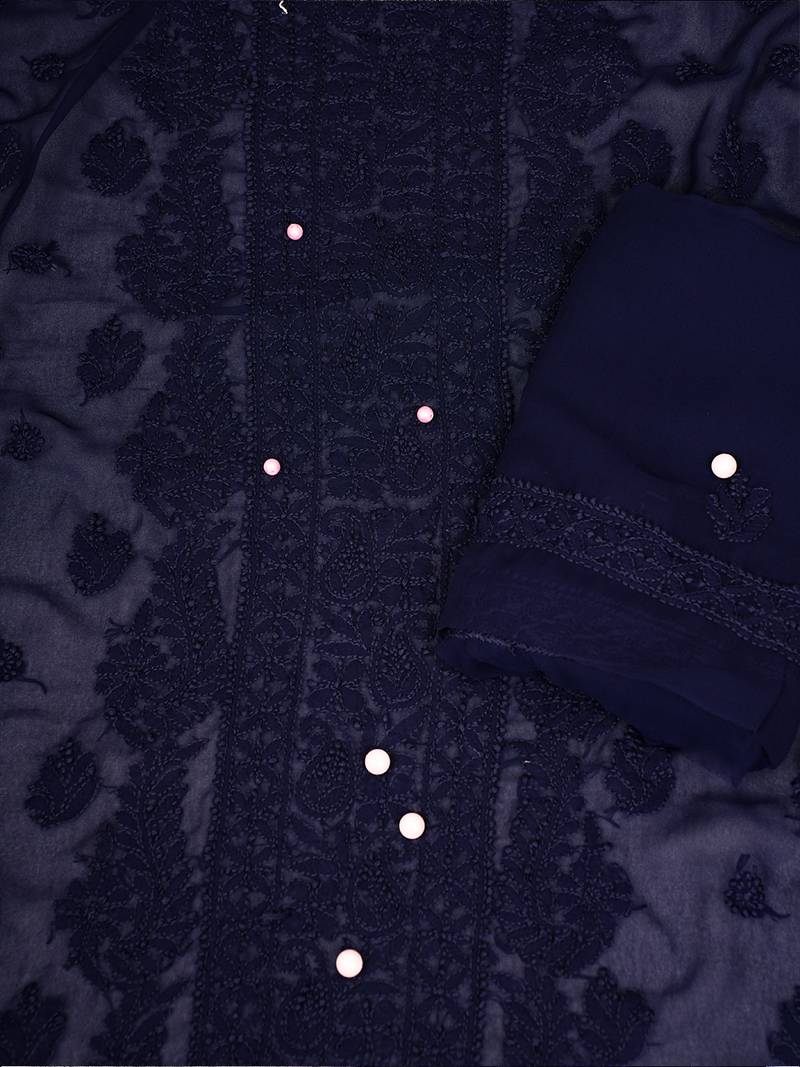 Hand Embroidered Navy Blue Georgette Lucknowi Chikankari Indian Women Unstitched Suit Piece