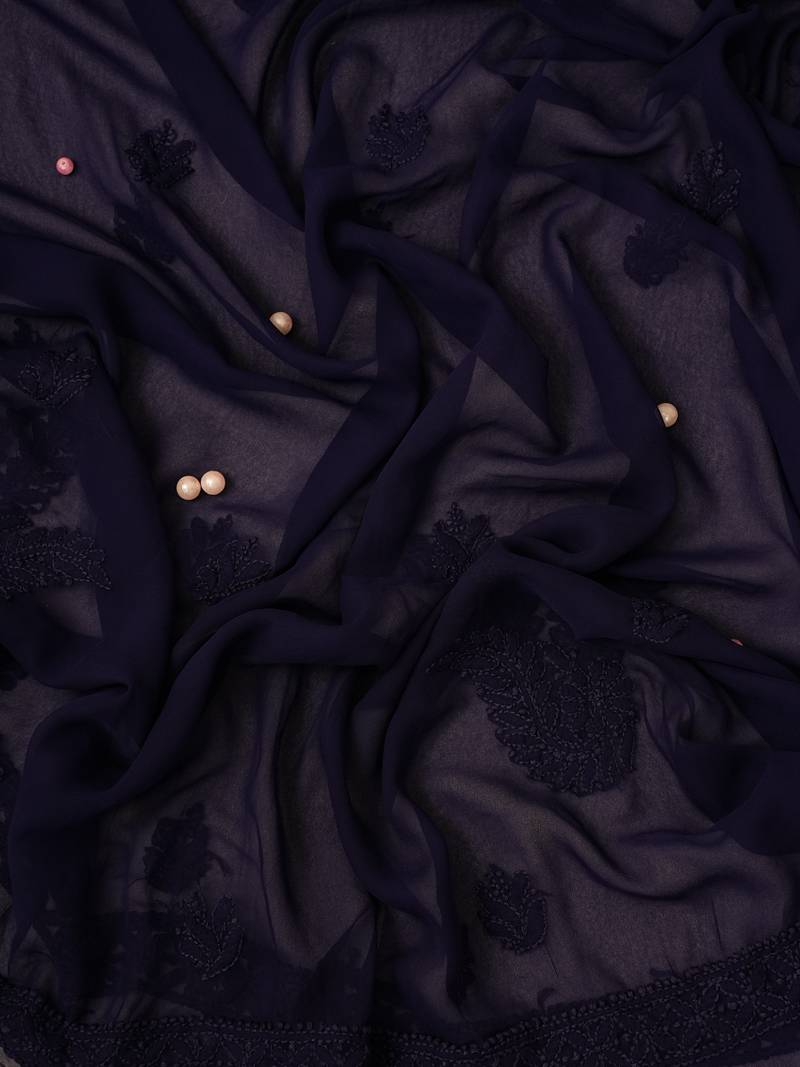 Hand Embroidered Navy Blue Georgette Lucknowi Chikankari Indian Women Unstitched Suit Piece