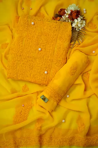Hand Embroidered Yellow Georgette Lucknowi Chikankari Indian Women Unstitched Suit Piece