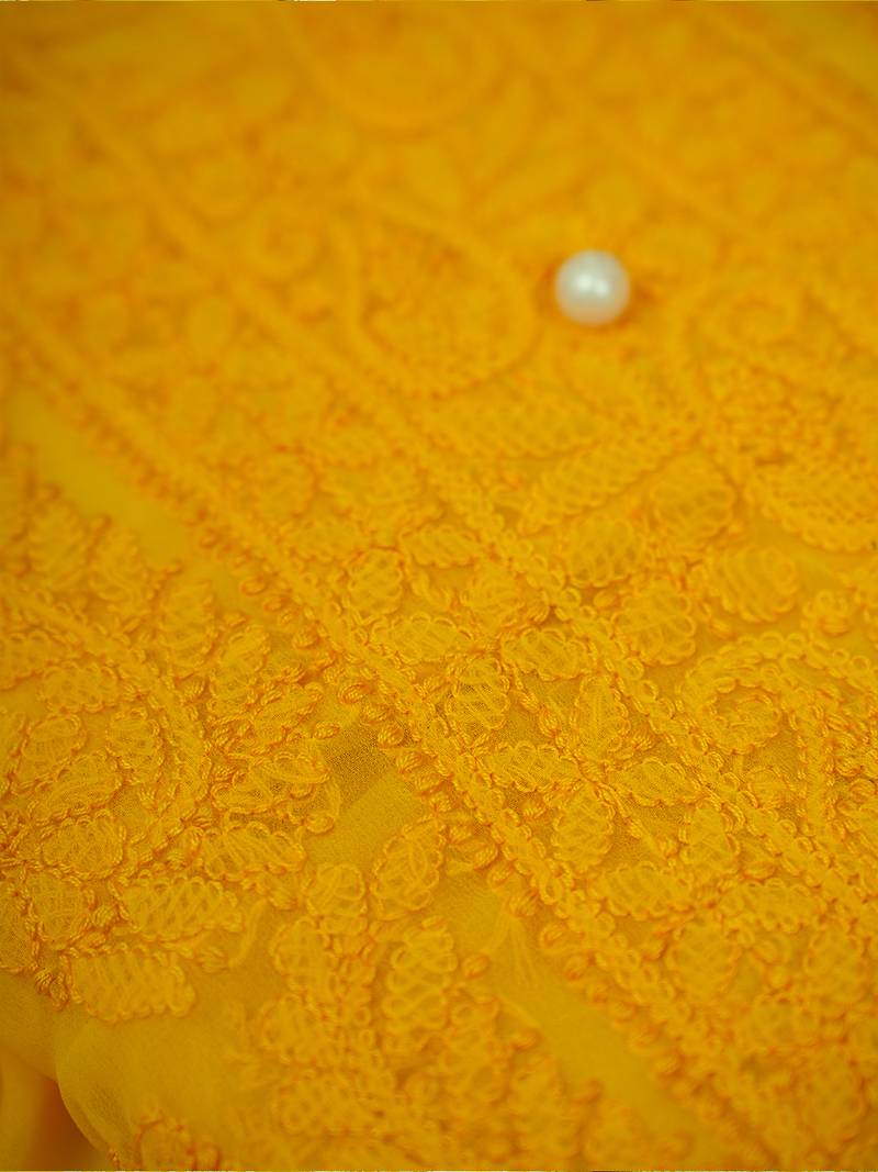 Hand Embroidered Yellow Georgette Lucknowi Chikankari Indian Women Unstitched Suit Piece