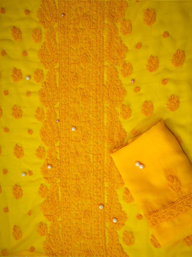 Hand Embroidered Yellow Georgette Lucknowi Chikankari Indian Women Unstitched Suit Piece