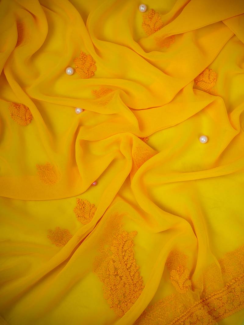 Hand Embroidered Yellow Georgette Lucknowi Chikankari Indian Women Unstitched Suit Piece