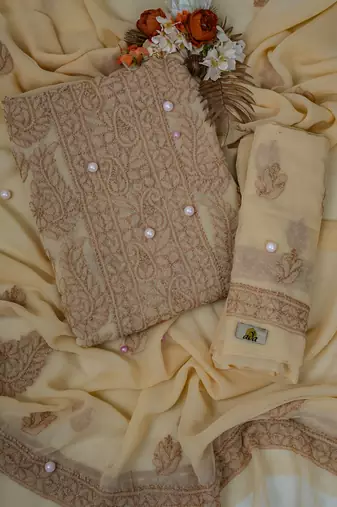 Hand Embroidered Fawn Georgette Lucknowi Chikankari Indian Women Unstitched Suit Piece