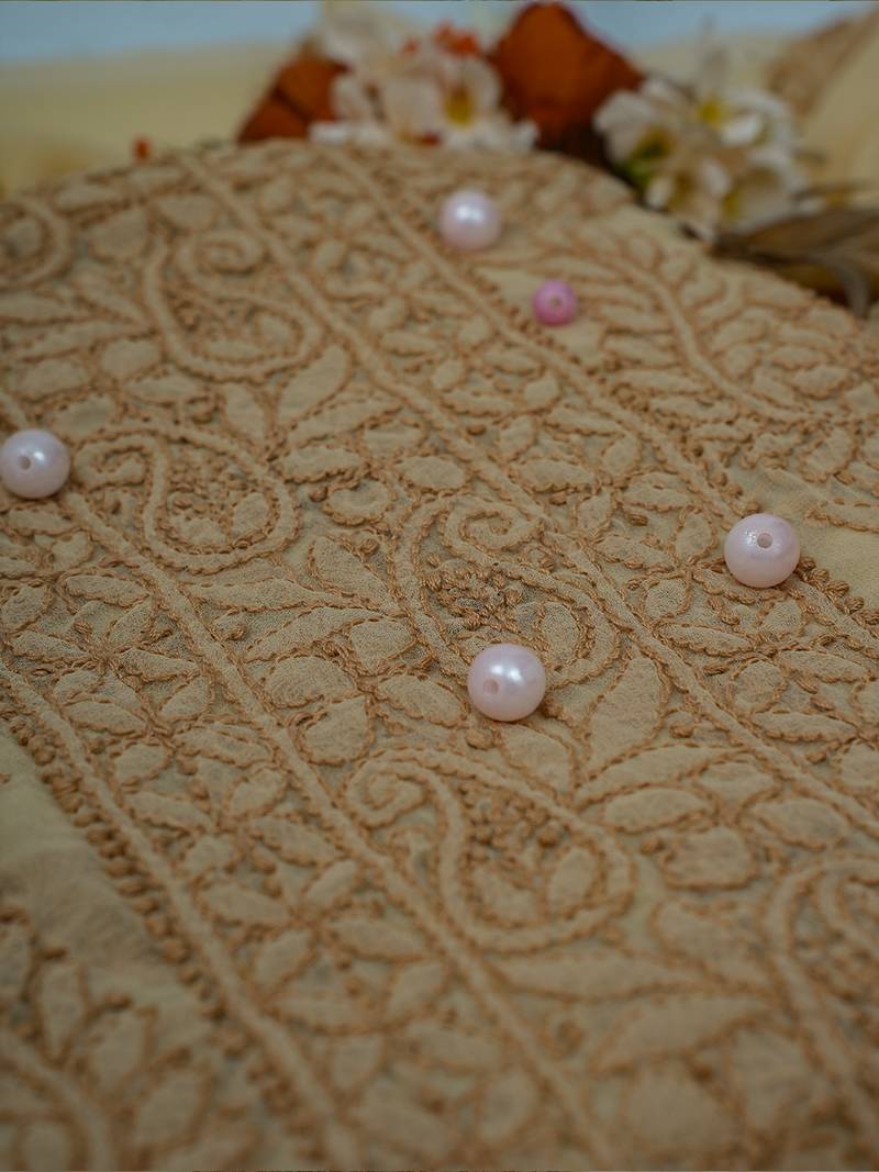 Hand Embroidered Fawn Georgette Lucknowi Chikankari Indian Women Unstitched Suit Piece