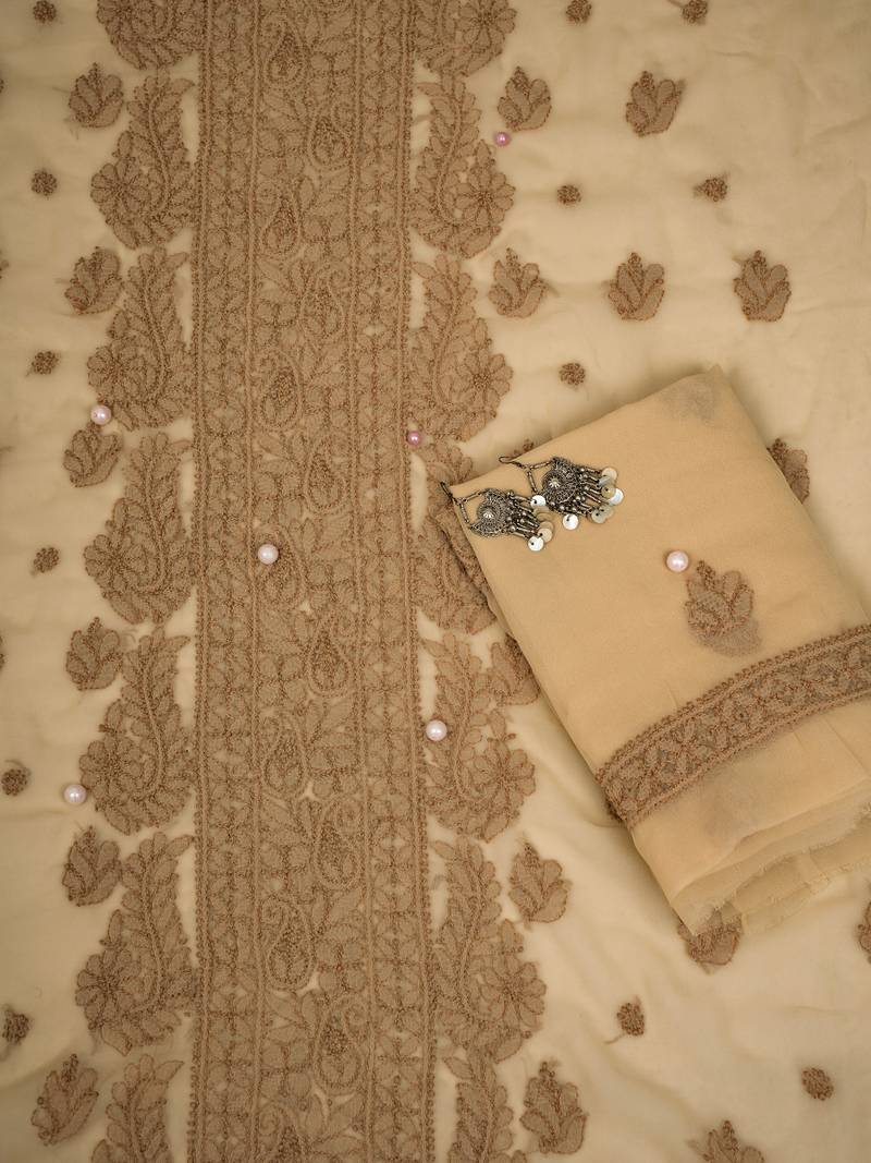 Hand Embroidered Fawn Georgette Lucknowi Chikankari Indian Women Unstitched Suit Piece
