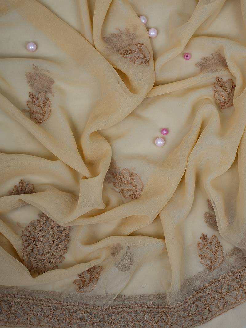 Hand Embroidered Fawn Georgette Lucknowi Chikankari Indian Women Unstitched Suit Piece